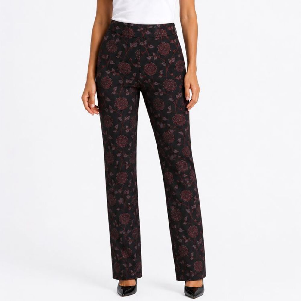 Chico’s Black Floral Slim Leg Pants Tummy Control Pull On 14T